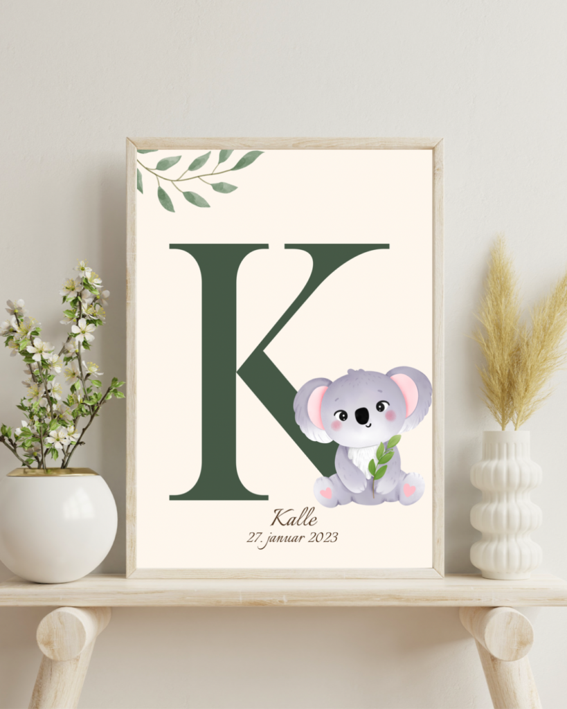 Bogstavsplakat med K og en koala