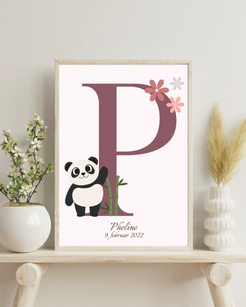 Bogstavsplakat med P og en panda